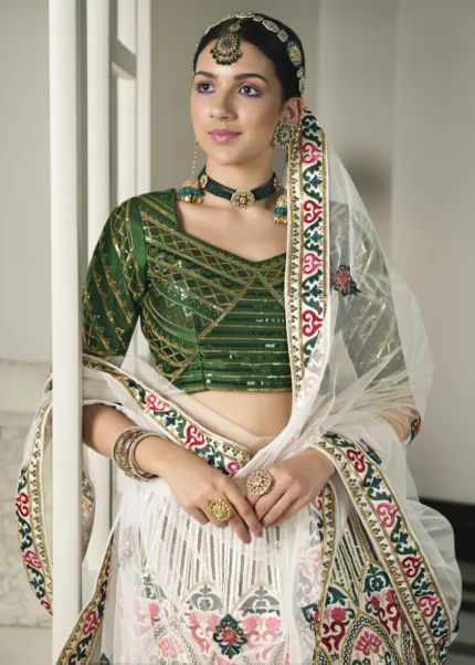 White & Green Silk Lehenga