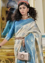 White and Blue Banarasi Silk Saree