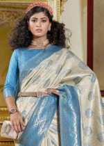 White and Blue Banarasi Silk Saree