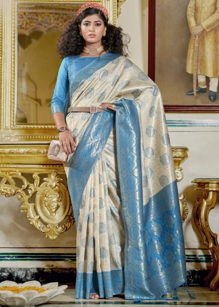 White and Blue Banarasi Silk Saree