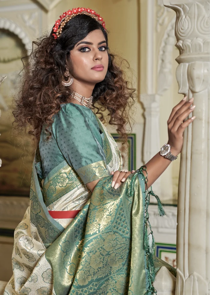 White and Green Banarasi Silk Saree