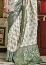 White and Green Banarasi Silk Saree