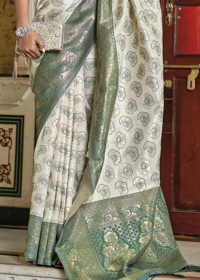 White and Green Banarasi Silk Saree