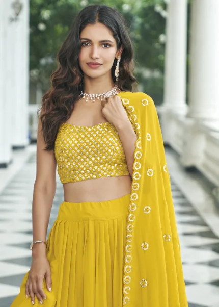 Yellow Crop Top Skirt Set with Shrug