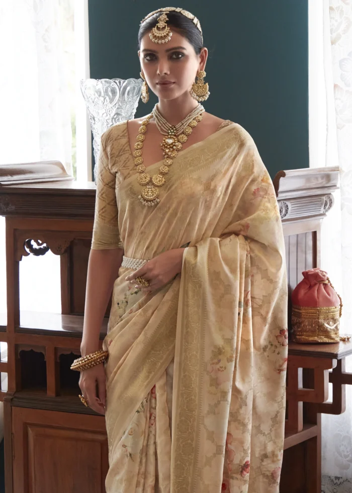 Beige Floral Print Saree