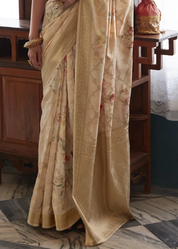 Beige Floral Print Saree