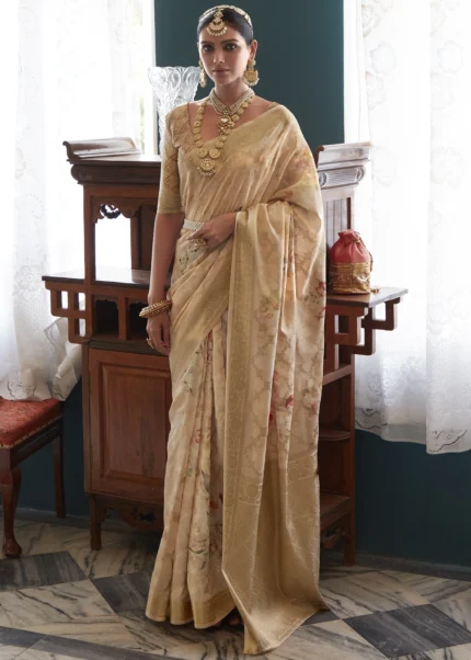 Beige Floral Print Saree