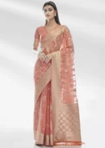 Coral Peach Organza Silk Saree