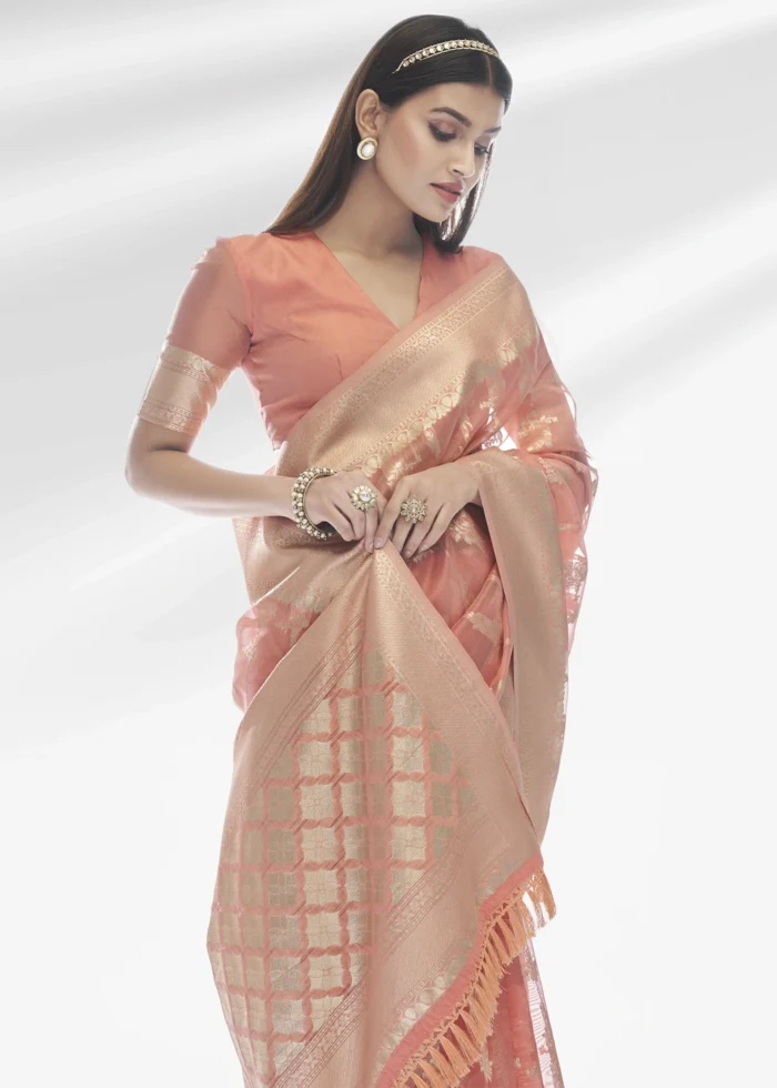 Coral Peach Organza Silk Saree