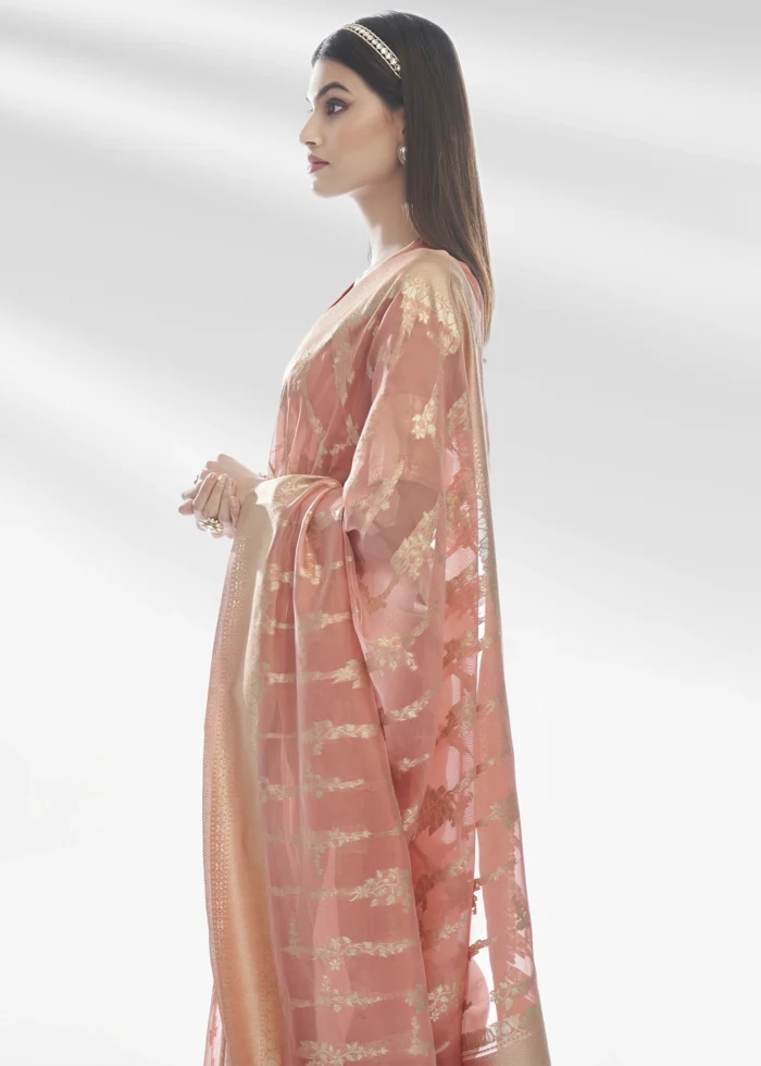 Coral Peach Organza Silk Saree