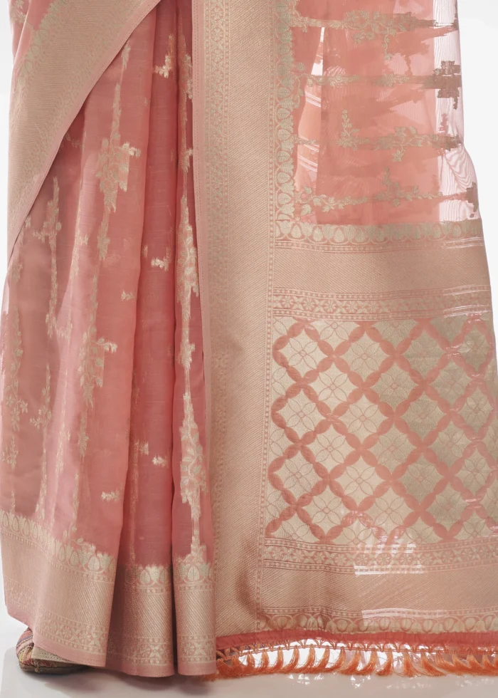 Coral Peach Organza Silk Saree