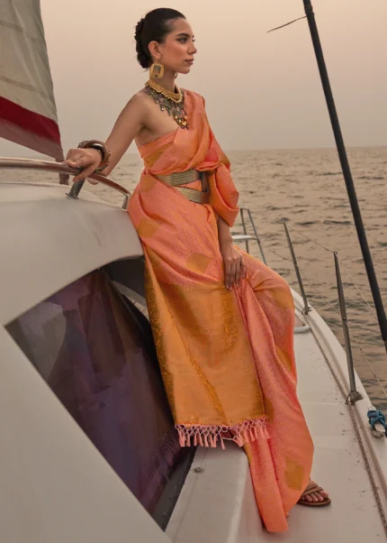 Coral Peach Satin Silk Saree