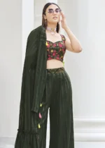 Dark Olive Green Crop Top Palazzo with Shrug