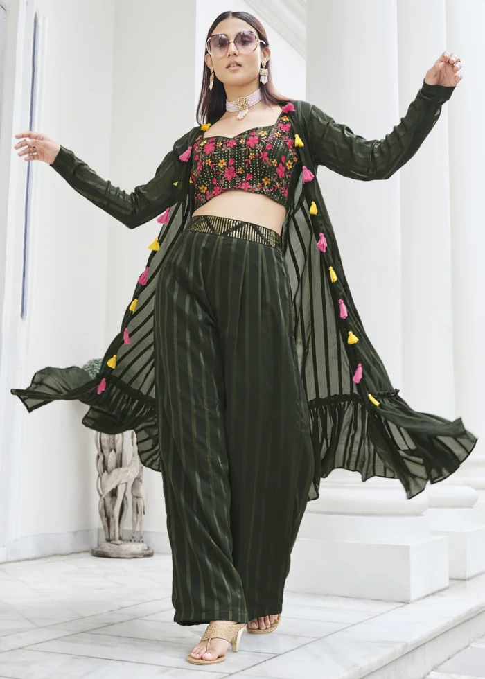 Dark Olive Green Crop Top Palazzo with Shrug