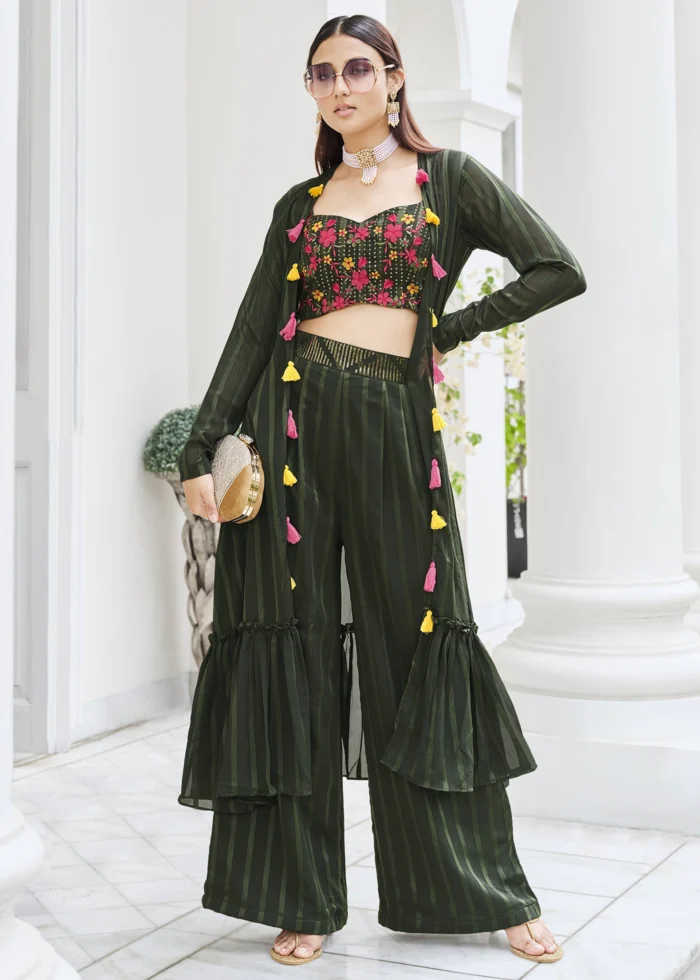 Crop top with palazzo and shrug ethnic online best sale