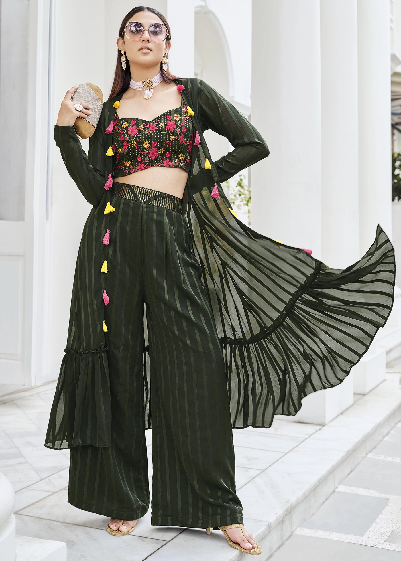 Dark Olive Green Crop Top Palazzo with Shrug