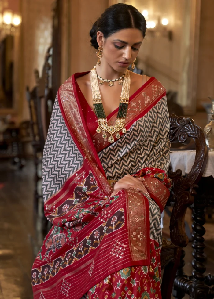 Gray & Red Patola Silk Saree