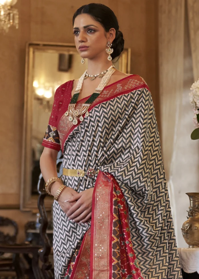 Gray & Red Patola Silk Saree