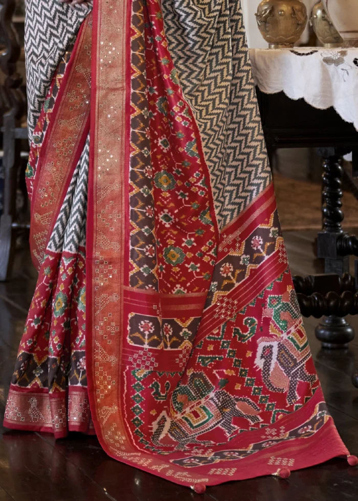 Gray & Red Patola Silk Saree