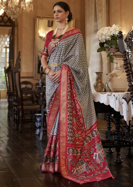 Gray & Red Patola Silk Saree