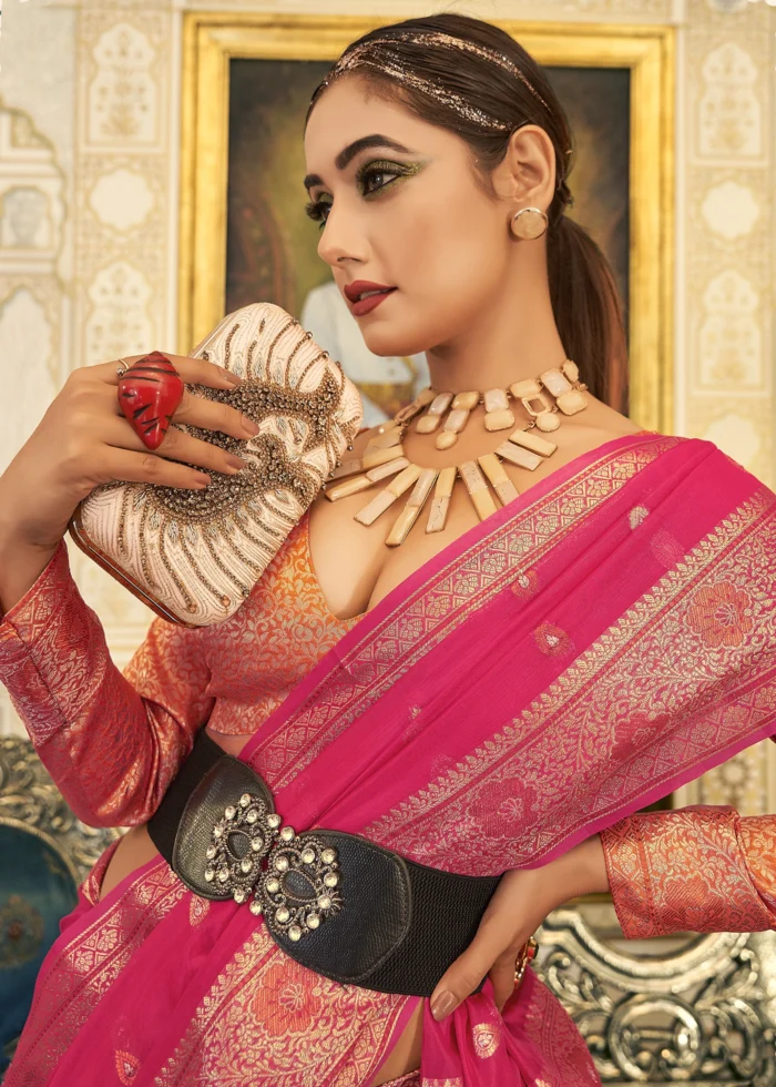 Hot Pink Banarasi Organza Saree