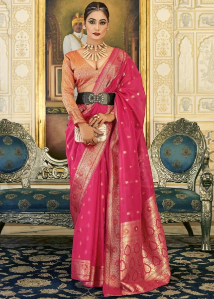 Hot Pink Banarasi Organza Saree