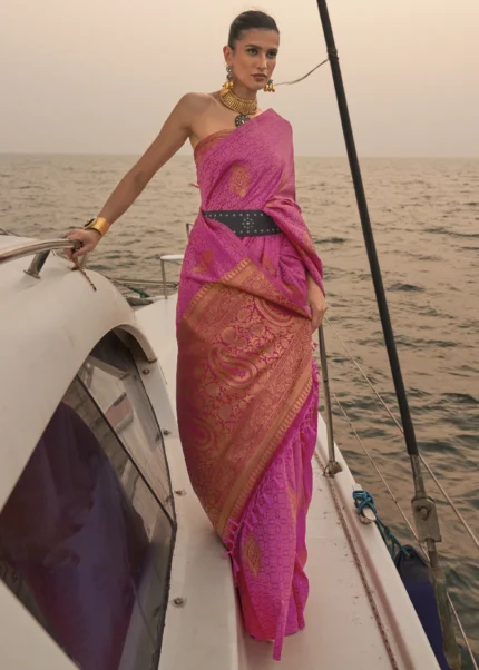 Hot Pink Satin Silk Saree