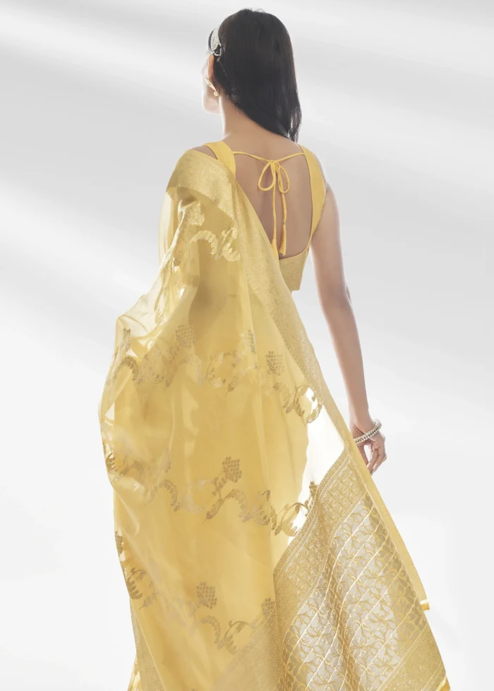 Lemon Yellow Organza Silk Saree