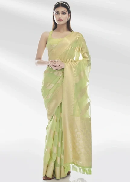 Lime Green Organza Silk Saree