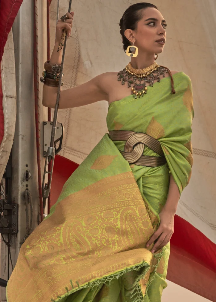 Lime Green Satin Silk Saree