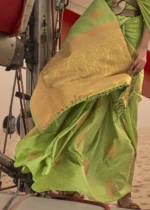 Lime Green Satin Silk Saree