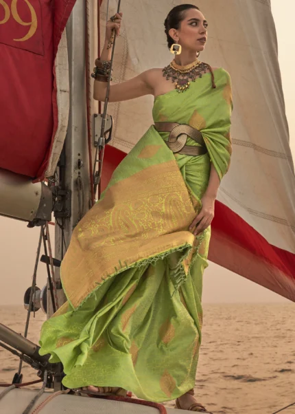 Lime Green Satin Silk Saree