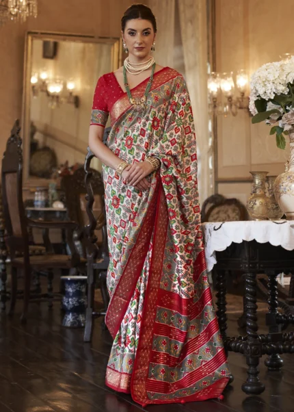 Off White Red Patola Silk Saree Urban Womania