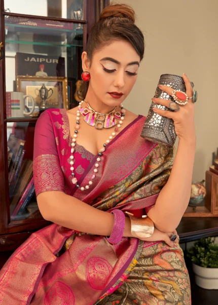 Olive Brown & Magenta Kanjivaram Saree