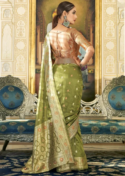 Olive Green Banarasi Organza Saree