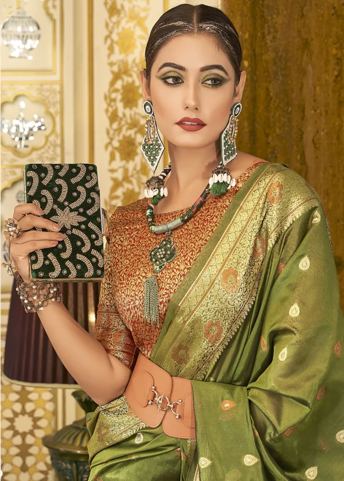 Olive Green Banarasi Organza Saree