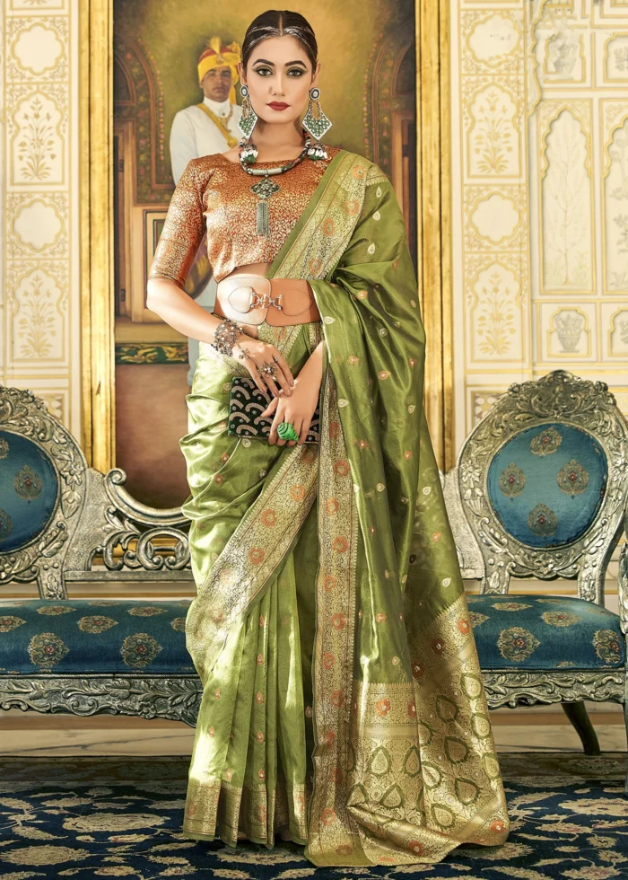 Olive Green Banarasi Organza Saree