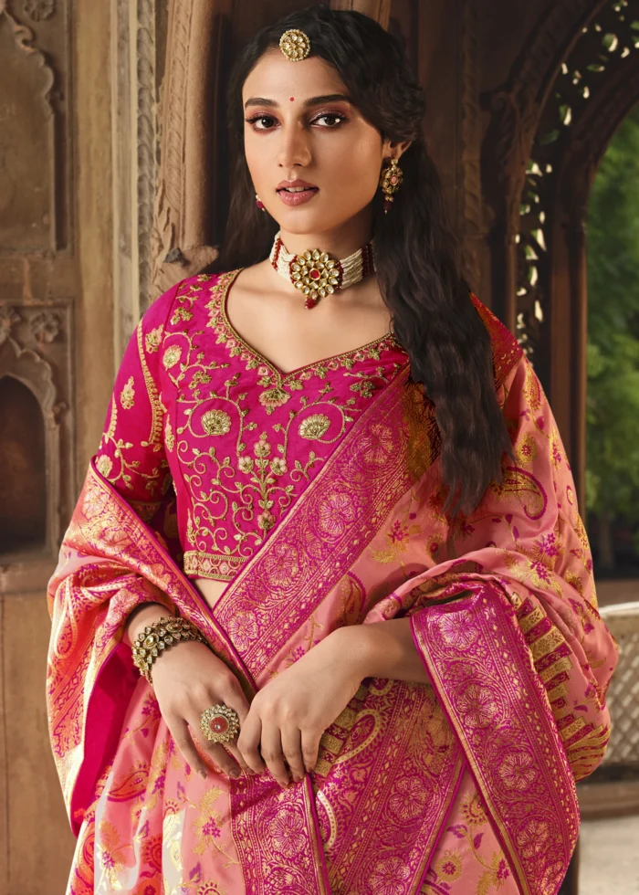 Peachy Pink Banarasi Saree