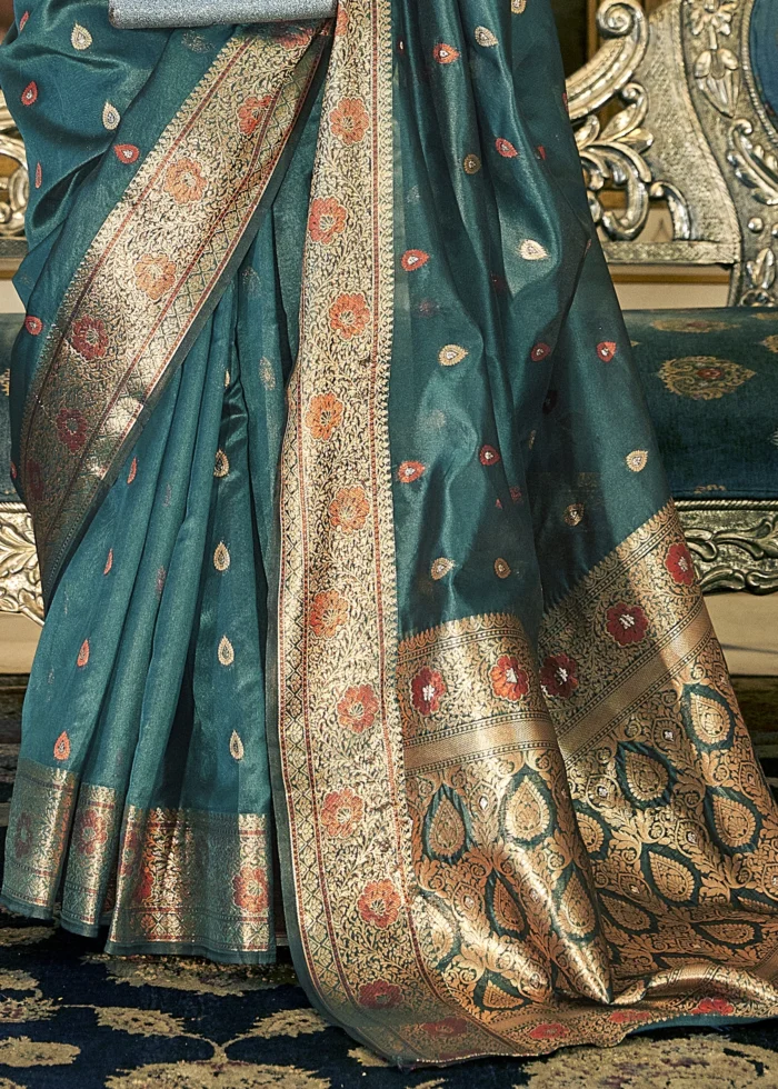 Peacock Blue Banarasi Organza Saree