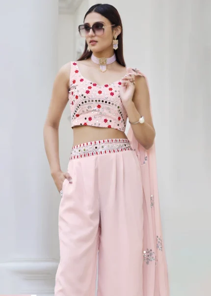 Pink Crop Top Palazzo with Shrug