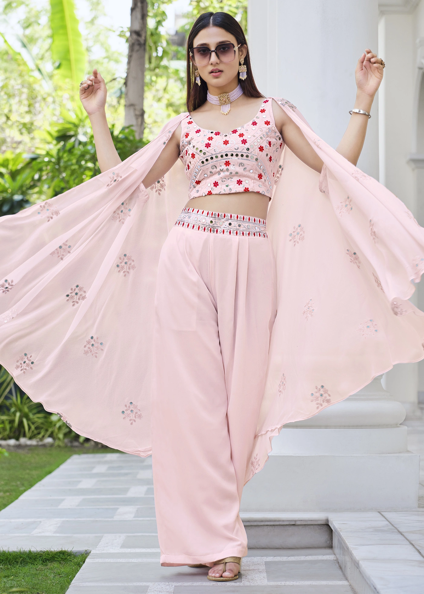 Pink Crop Top Palazzo with Shrug