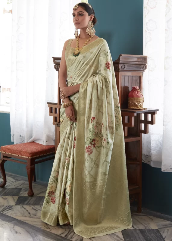 Pista Green Floral Print Saree