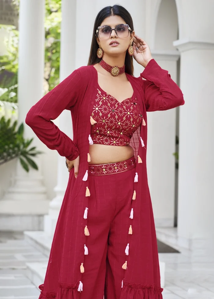 Red Crop Top Palazzo with Shrug