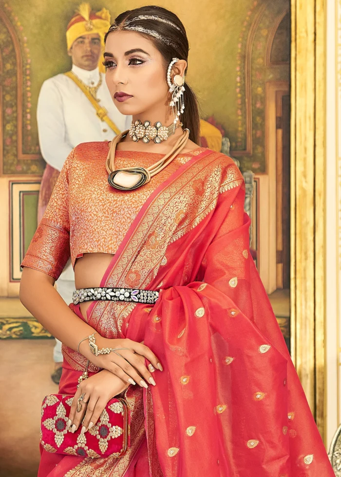 Scarlet Red Banarasi Organza Saree