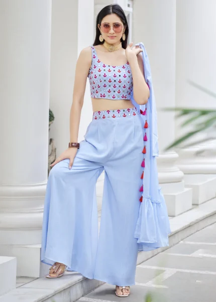 Sky Blue Crop Top Palazzo with Shrug