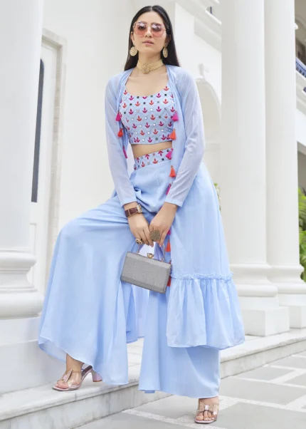 Sky Blue Crop Top Palazzo with Shrug