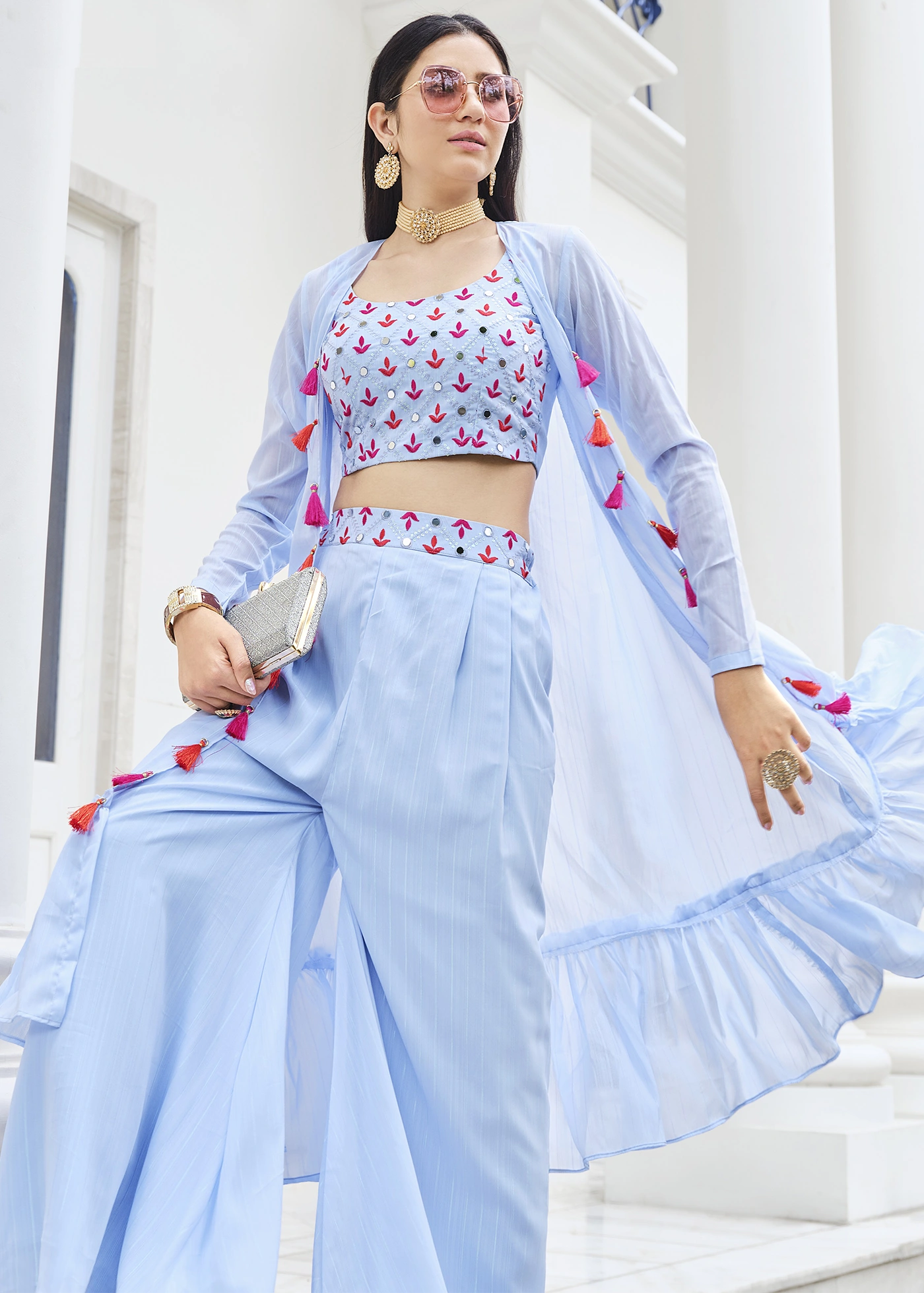 Sky Blue Crop Top Palazzo with Shrug