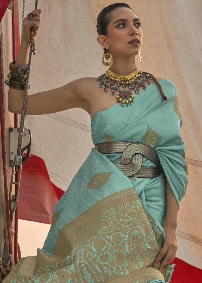 Turquoise Blue Satin Silk Saree