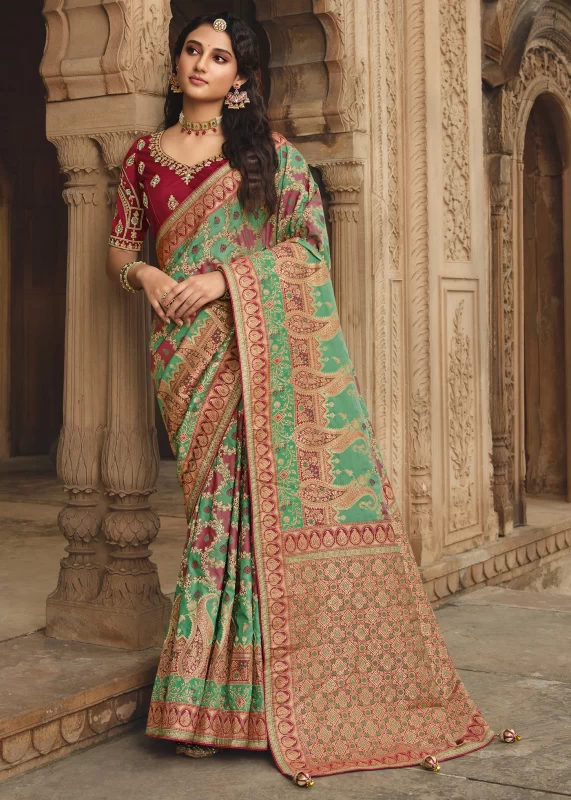 Turquoise Green Banarasi Saree