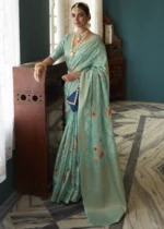 Turquoise Green Floral Print Saree